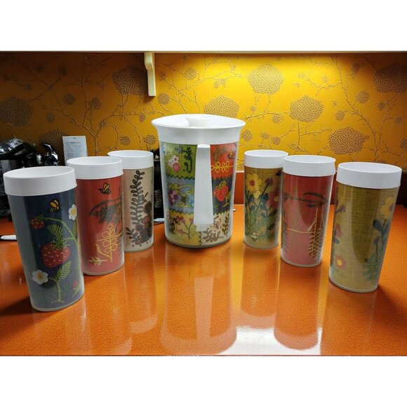 vintage 1970s west bend thermoserv plastic pitcher and 6 drinking cups ((list on - Picture 1 of 7